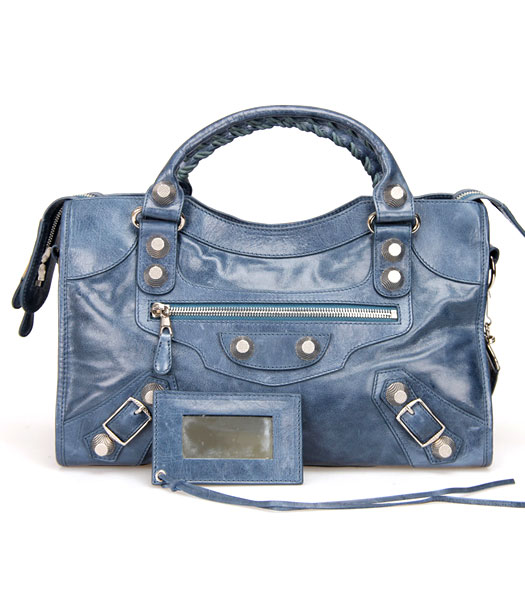 Balenciaga Motorcycle City Bag in Blu Zaffiro Pelle Olio Silv